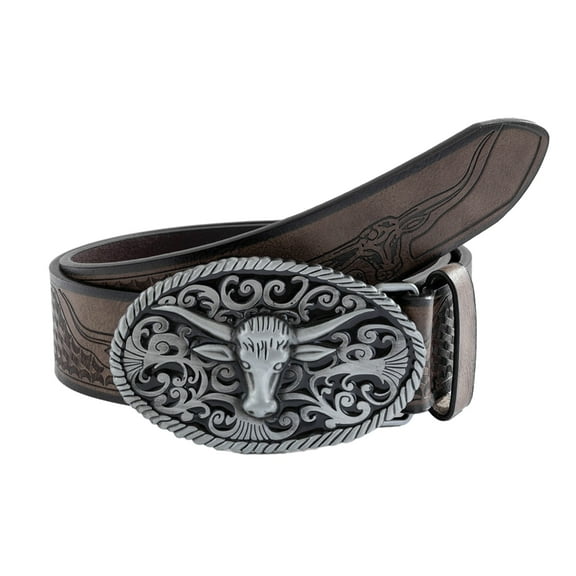 lanema Ethnic Bull Buckle PU Belt for Men Women Vintage Wide Belts Engraved Cowboy Belt