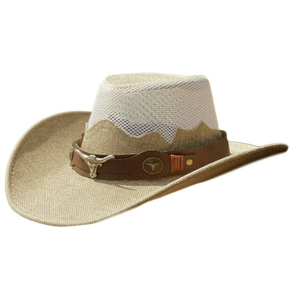 lanema Fashion Mesh Cowboy Hat for Women Men Unisex Wide Brim Hat with Belt Breathable Beach Sunproof Hat Travel Panama Cap
