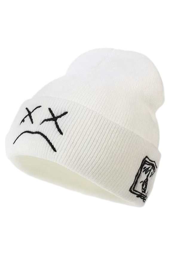 Fashion Sad Face Expression Knitted Hat Funny Embroidered Beanie Knit Winter Hat