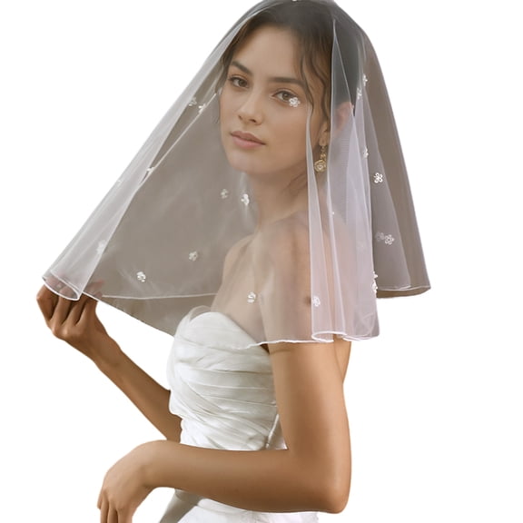 lanema Fashion White Bride Veil With Beadwork Flower Designs For Bachelorette Event