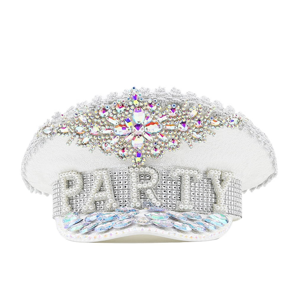 lanema Female Rhinestone Hat Wedding Party Glitter Captain Cap ...