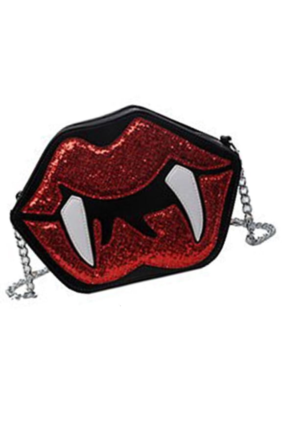 Gothic Sequined Crossbdy Bag Halloween Vampire Tooth Lip Shape Shoulder Bag Evening Purse with Metal Chain for Women