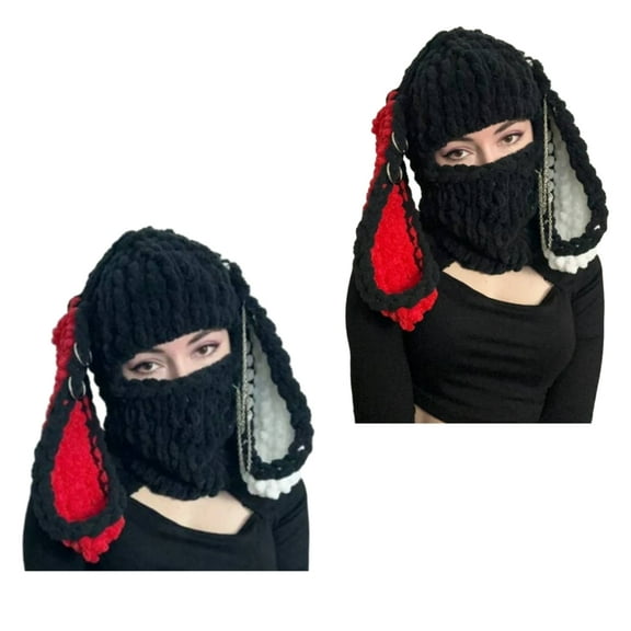 lanema Handcrochet Full Face Cover Hat Adult Balaclava Hat Halloween Novelty Rabbit Ear Beanie Teens Girl Winter Warm Cap