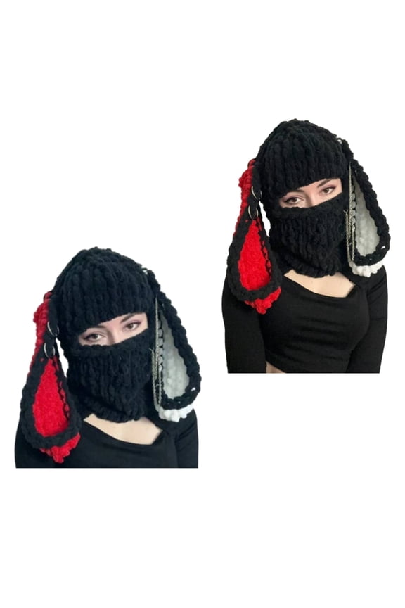Handcrochet Full Face Cover Hat Adult Balaclava Hat Halloween Novelty Rabbit Ear Beanie Teens Girl Winter Warm Cap