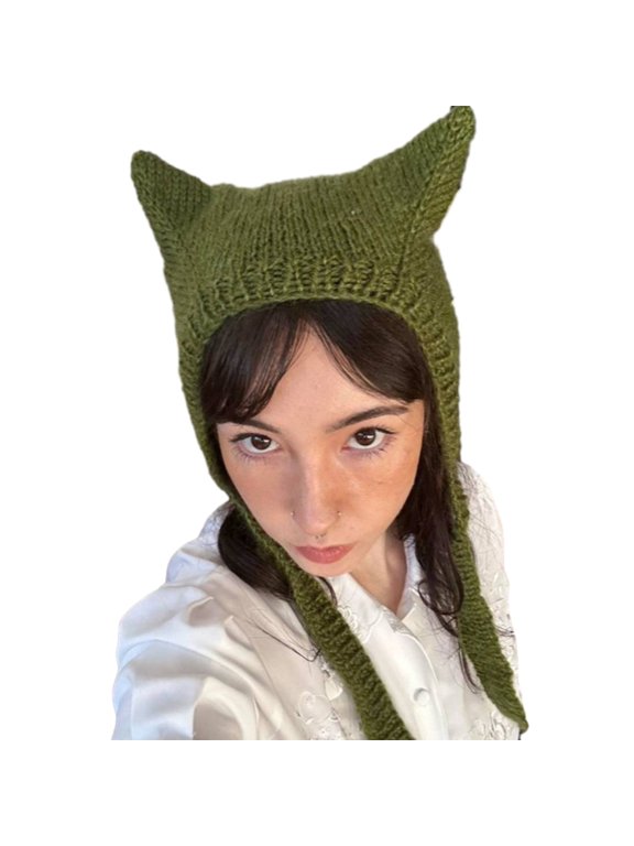 Handmade Crochet Soft Beanie Hat Cat Ear Skull Hat Teens Girls Y2K Gothic Hat