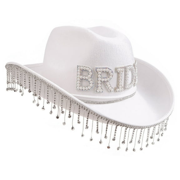 lanema Handmade Wedding Party Bride Cowgirl Hat with Rhinestone Fringe Brim Bridal Western Shinning Fedoras Hat Sunproof