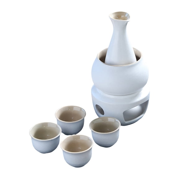 lanema Japanese Sake Set With Warmer Pot Ceramic Carafe Bottle And 4 Cups Candle Stove Warming Bowl for Cold Hot Sake Gift