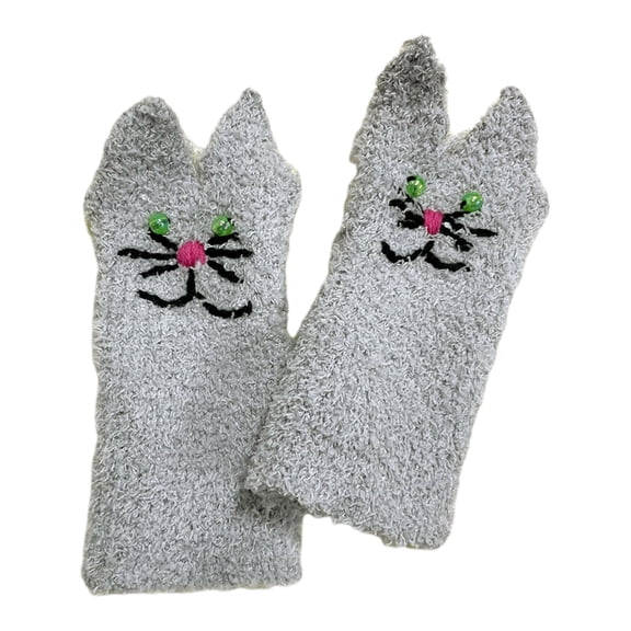 lanema Knit Gloves Winter Half Finger Embroidery Cat Glove for Teens Outdoor Sports