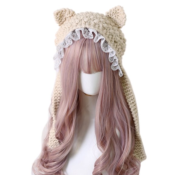 lanema Knitted Hat Cartoon for Cat Ear Hat Winter Earflap Cap Crochet Beanie with Ruffle Lace Photo Props Soft Cozy Cap Headwea