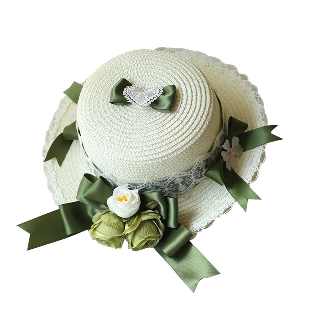 lanema Lace Flower Sun Protective Hat for Girls French-Style Bonnet Sweet WovenStraw Cap Wide Brimmed Hat Summer Headdress