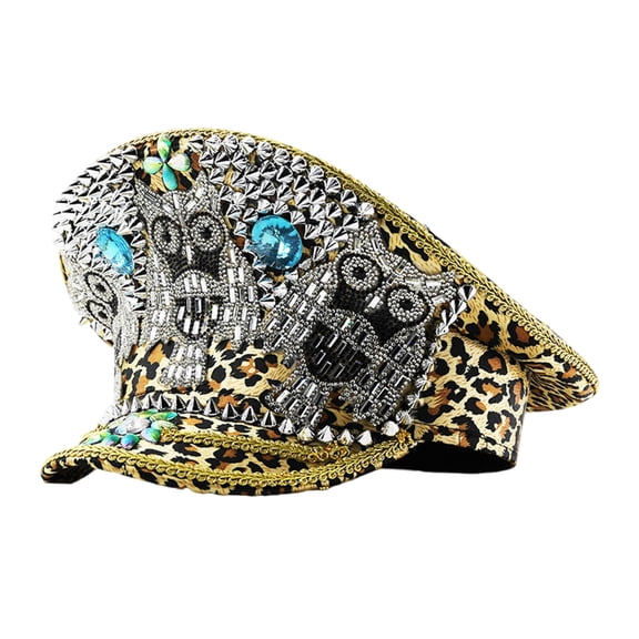 lanema Leopard Rivet Marine Hat for Casual and Formal Event Music Festival Women Costume Caps Rhinestones Studded Hat