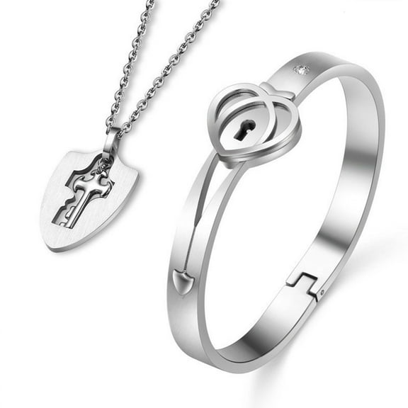 lanema Lock Bracelet & for Key Necklace Set Heart Bangle for Men Women Couple for Steel Jewelry for Wedding Anniversar