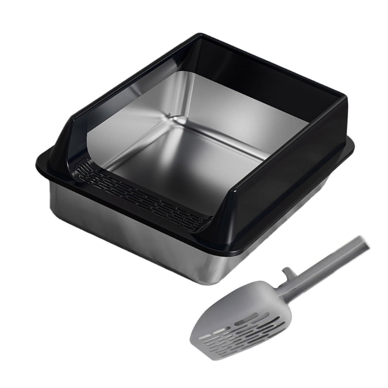 lanema Low Entry Stainless Steel Cats Litter Box Half Enclosed Structure Air Circulations Odor Control Litter Container for Cats