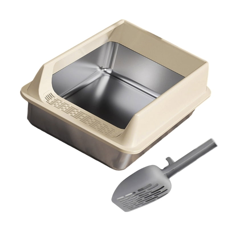 lanema Low Entry Stainless Steel Cats Litter Box Half Enclosed Structure Air Circulations Odor Control Litter Container for Cats