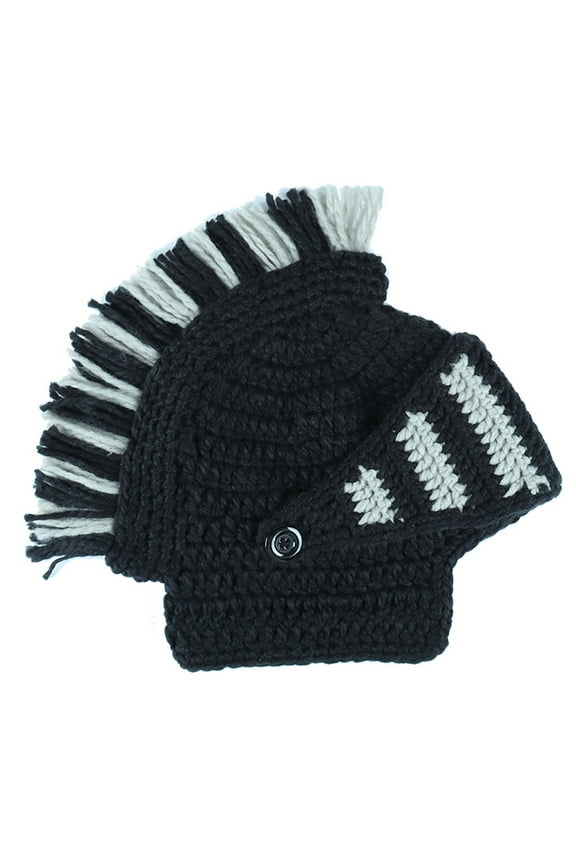 Men Women Funny Chunky Knitted Roman Knight Helmet Hat Contrast Color Tassel Barbarian Crochet Earflap Beanie Cap with Face Costume