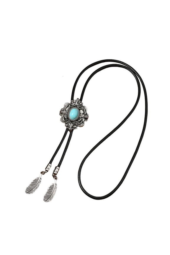 Mens Women Bolotie Necktie Leather Rope Necklace with Antique Floral Stone Feathered Pendant Jewelry Shirt Collar Chain