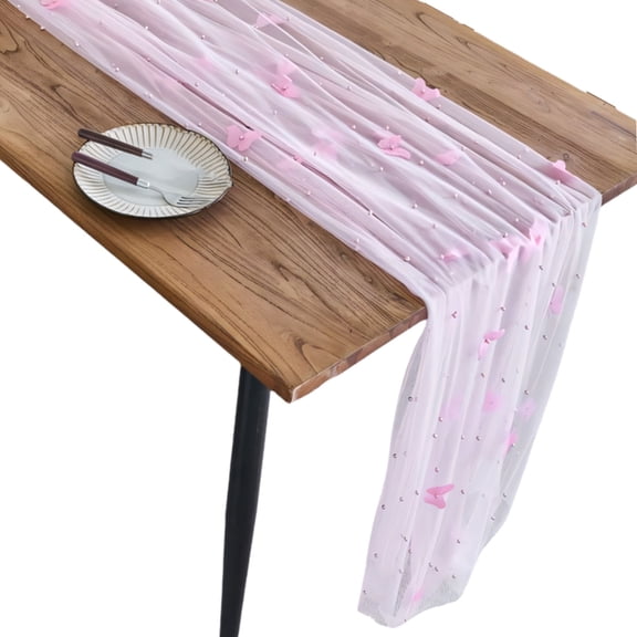 lanema Mesh Lace Fabric Table Runner Pearls Beaded Butterfly Sheer Tulle Tablecloth