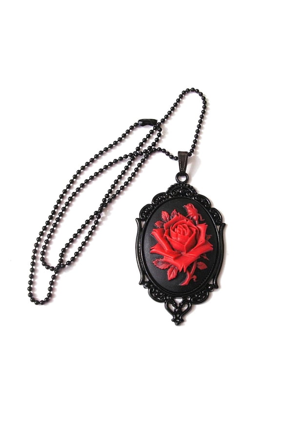 Metal Gothic Red Rose Cameo In Thorns Frame Pendant Necklace Retro Rose Flower Necklace Goth Punk Necklace Jewelry
