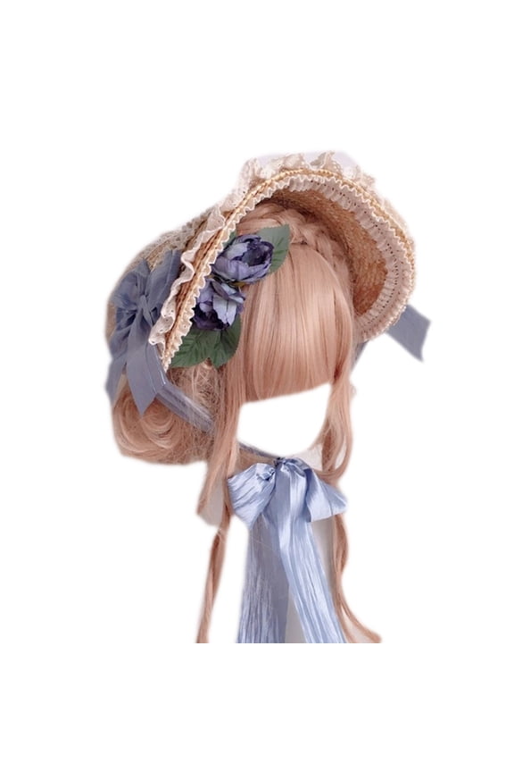 Multicolor Handmade Lolita Hat Lace Flower Ribbon French Hat Flat Top Hat Summer Sunscreen Straw Hat for Daily Wear