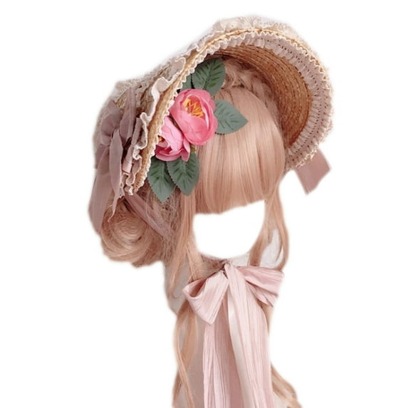 lanema Multicolor Handmade Lolita Hat Lace Flower Ribbon French Hat Flat Top Hat Summer Sunscreen Straw Hat for Daily Wear