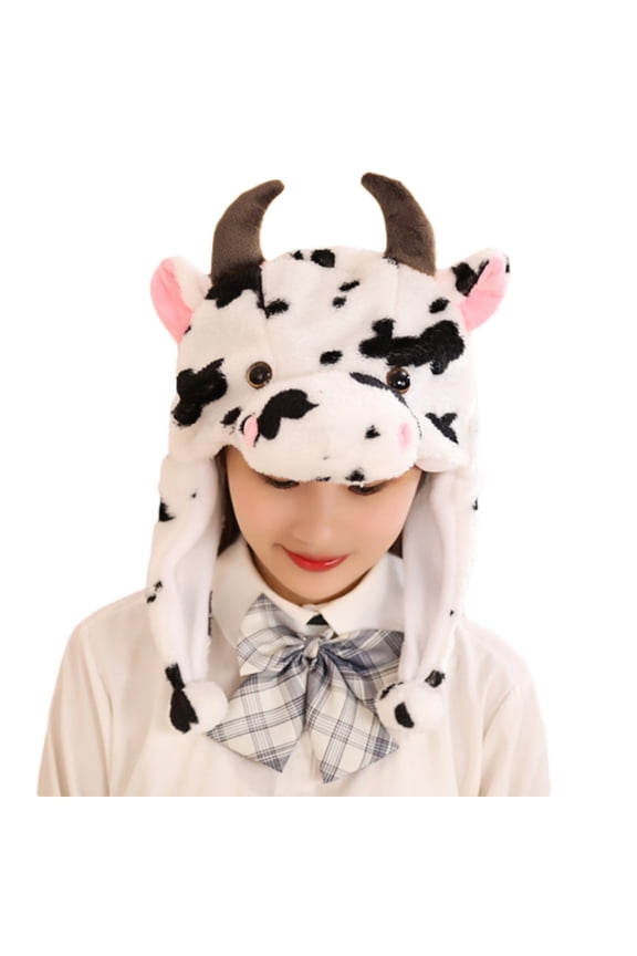 Plush Hat Stuffed Cow Toy Cap with Moving Ears Neck Warmer Scarf Party Costume