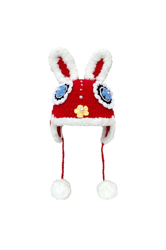 Rabbit Earflap Hat Chinese NewYear Hat Red Rabbit Mascot Hat Knit Earflap Beanie