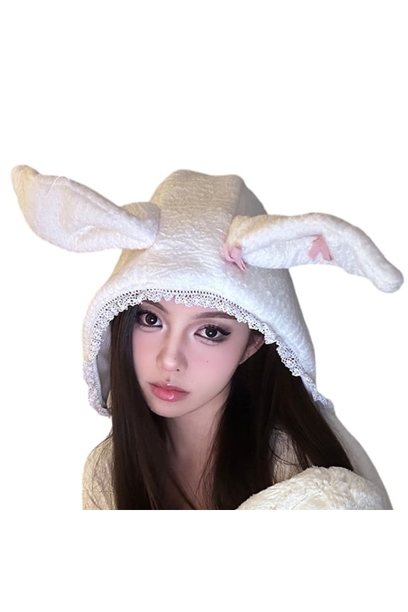 Rabbits Hat White Soft Ear Headwear for Women Winter Cycling Climbing Skiing Thick Lining Photo Props