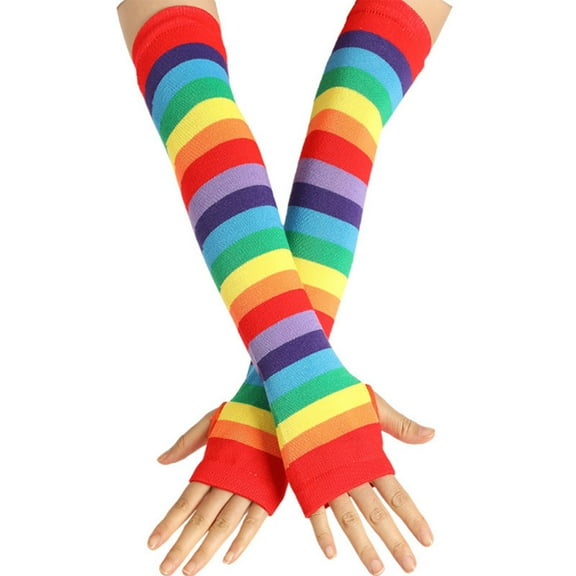 lanema Rainbow Stripe Arm Warmers Knit Thumbhole Stretchy Long Fingerless Gloves Mitten