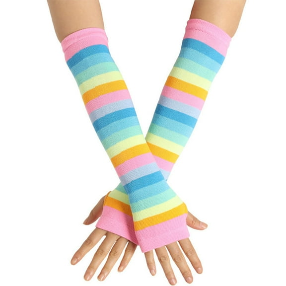 lanema Rainbow Stripe Arm Warmers Knit Thumbhole Stretchy Long Fingerless Gloves Mitten