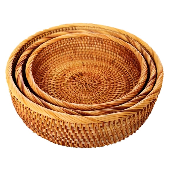 lanema Rattan Handwoven Round Tray Fruit Basket Food Storage High Wall Severing Platters For Breakfast Drink Snack Coffee