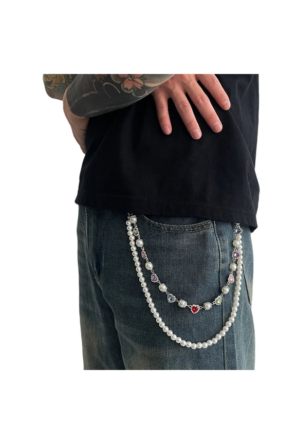 Rhinestones Pearls Decorated Metal Keychain Punk Style Fashion Chain For Jeans Wallets Men Women Streetwear Accessory