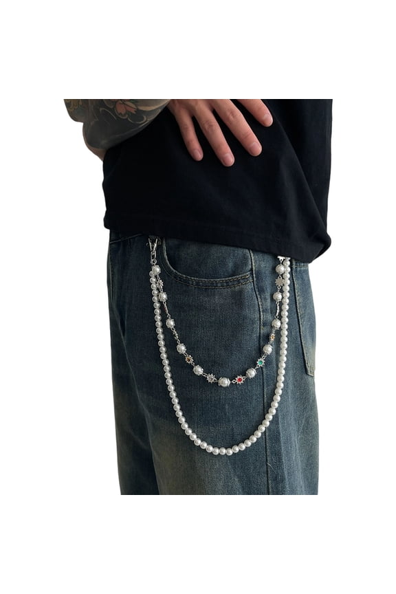 Rhinestones Pearls Decorated Metal Keychain Punk Style Fashion Chain For Jeans Wallets Men Women Streetwear Accessory
