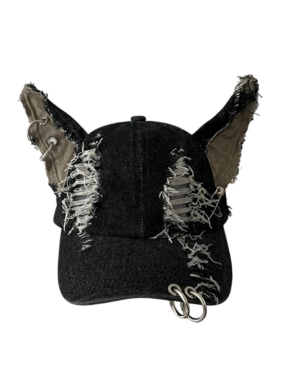Ripped Fabric Baseball Hat with Dog Ears Sun Hat Outdoor Activity Hat Adjustable Cricketed Caps Street Dance Hat