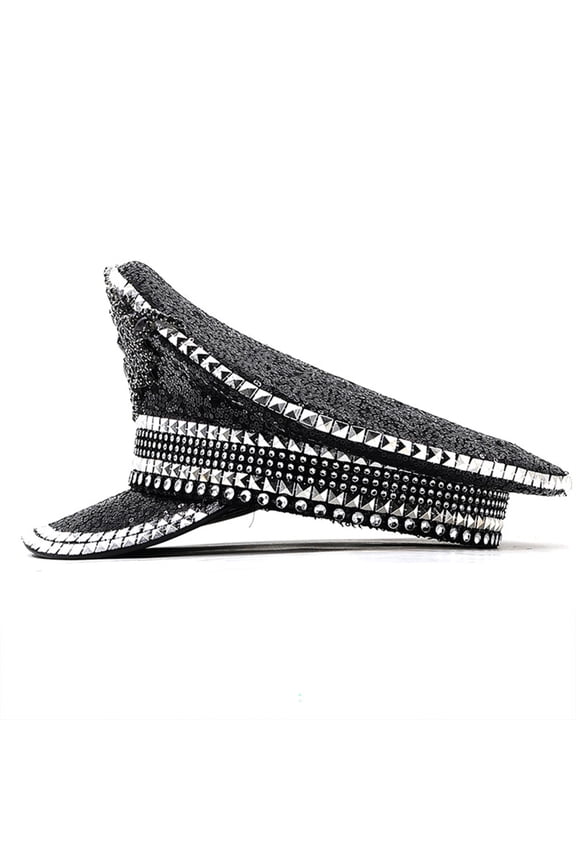 Rivet Studded Captain Hat Sparkling Sequins Flat Top Hat Lady Wedding BridalCap