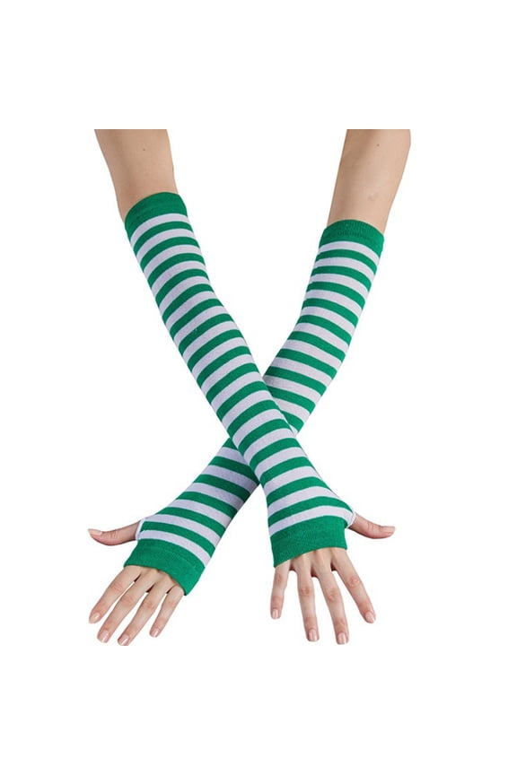 Saint Patricks Day Thigh High Socks Pantyhose Arm Warmers Gloves White Green Stripe Shamrock Clover Print Irish Party Costume Accessories