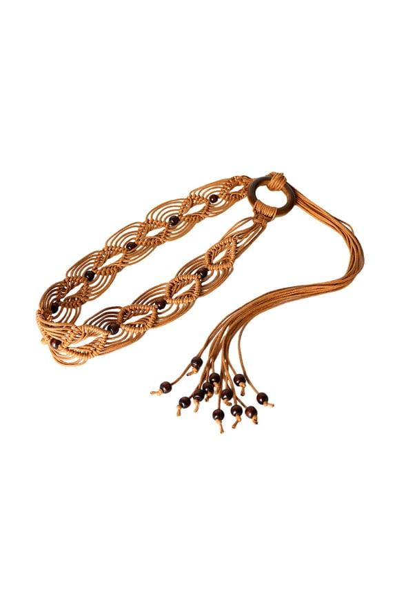 Self-Tie Waist Belt for Women Seaside Braided Dress Belt with Tassels&Beads