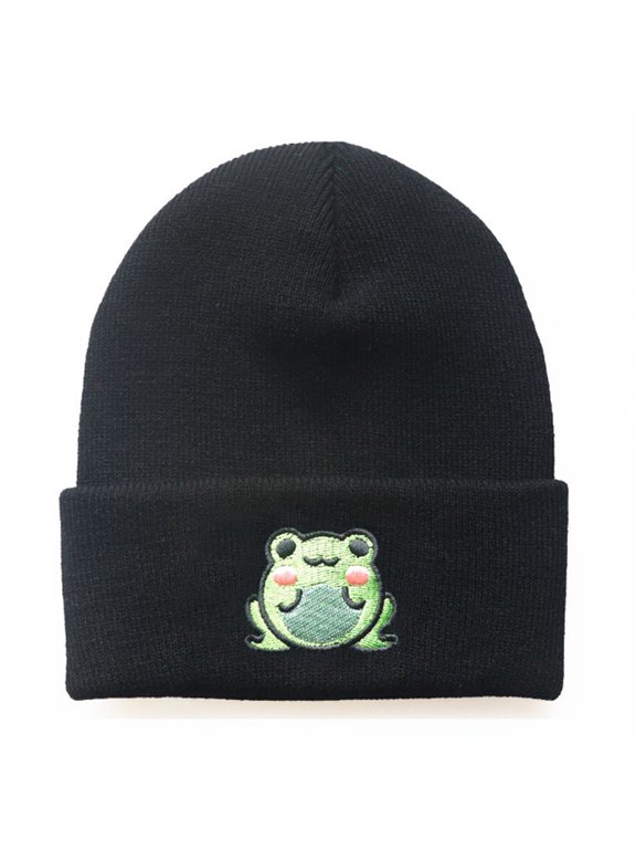 Simple Fashion Knitted Hat Cute Cartoon for Frog Embroidery Hat Knit Curl Edge Hat Travel Foldable Autumn Winter Men Wom
