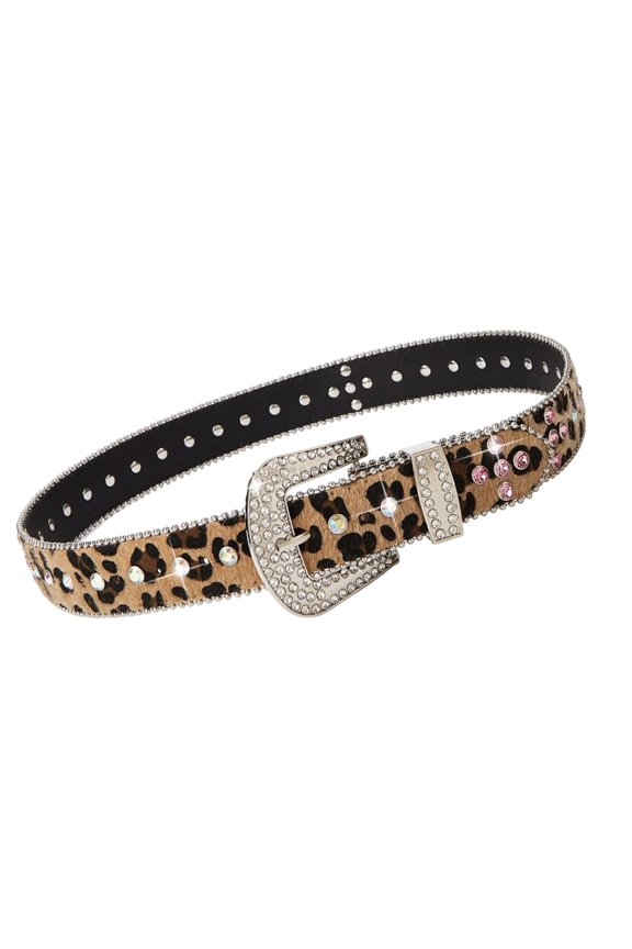 Trendy Rhinestones Leopards Pattern Belt Pin Buckles Durable PU Material Adjustable Waist Strap For Teens Adults