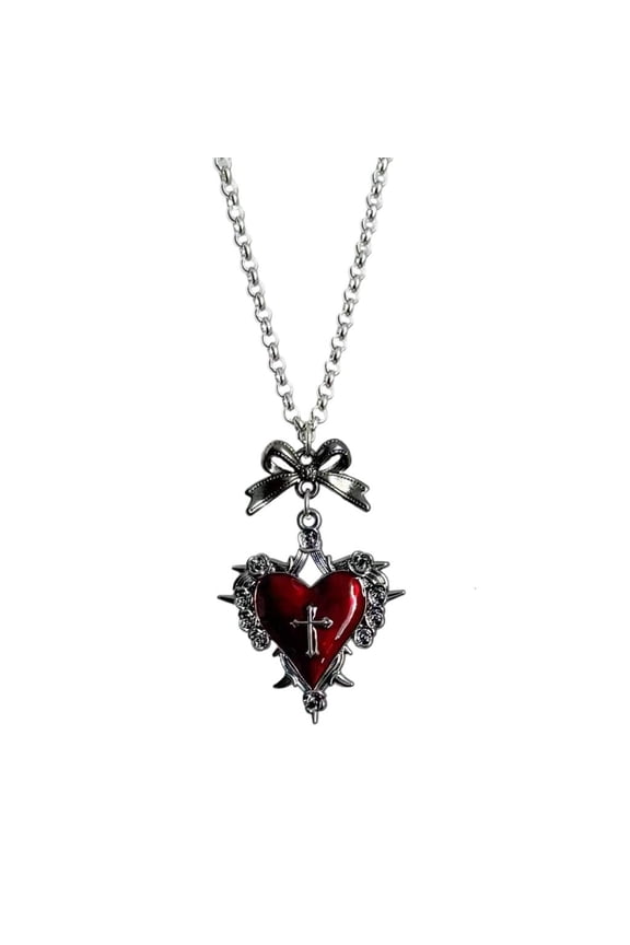 Vintage Punk Styles Gothic Necklace with Heart Bowknot and Crosses Pendant Designs Decoration for Women Outfits