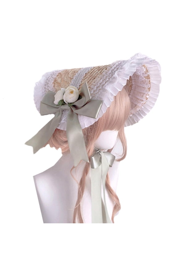 Vintage Victorian Headdress Flat Top Hat Ruffle Lace Straw Hat with Elegant Ribbon Flower Straw Hats