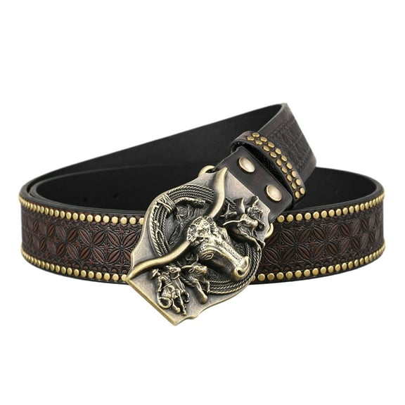 lanema Western PU Leathers Cowboy Buckle Belt for Men and Women Jeans Engraved Floral Metal Bull Buckle Belt