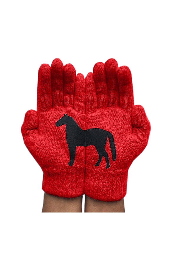 Women Cute Horse Full Finger Gloves Stretchy Knit Cycling Solid Color Mittens
