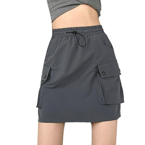 lanema Women Drawstring Elastic Waist Side Pockets Loose Flared A Line Mini Cargo Skirt