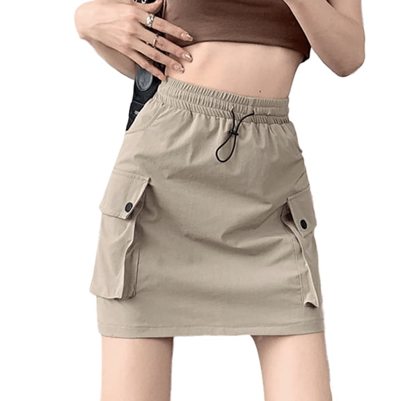 lanema Women Drawstring Elastic Waist Side Pockets Loose Flared A Line Mini Cargo Skirt