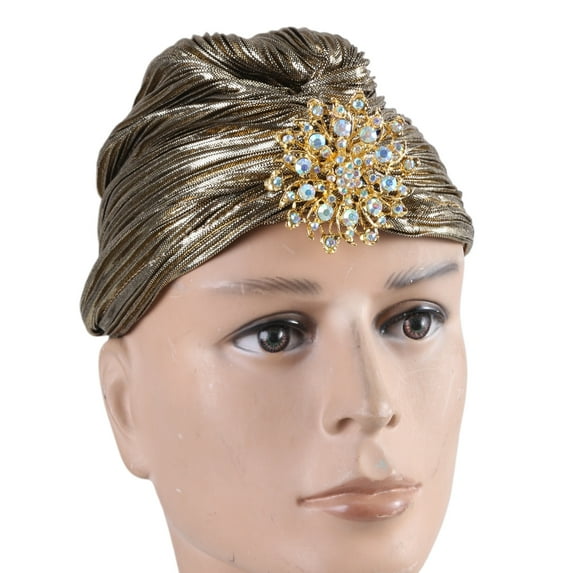 lanema Women Indian Turban Hat for Head Wrap Pleated Soft Velvet Hair Hijab Cap Headwear with Brooch Jewelry
