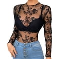 thumbnail image 1 of lanema Women Long Sleeve Sheer Floral Lace Top Mock Neck Slim Fit Mesh T-Shirt Clubwear, 1 of 14