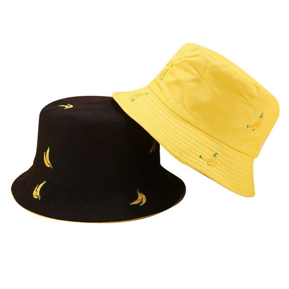 lanema Women Men Summer Bucket Hat Banana Embroidery Double Sided Wear Contrast Color H