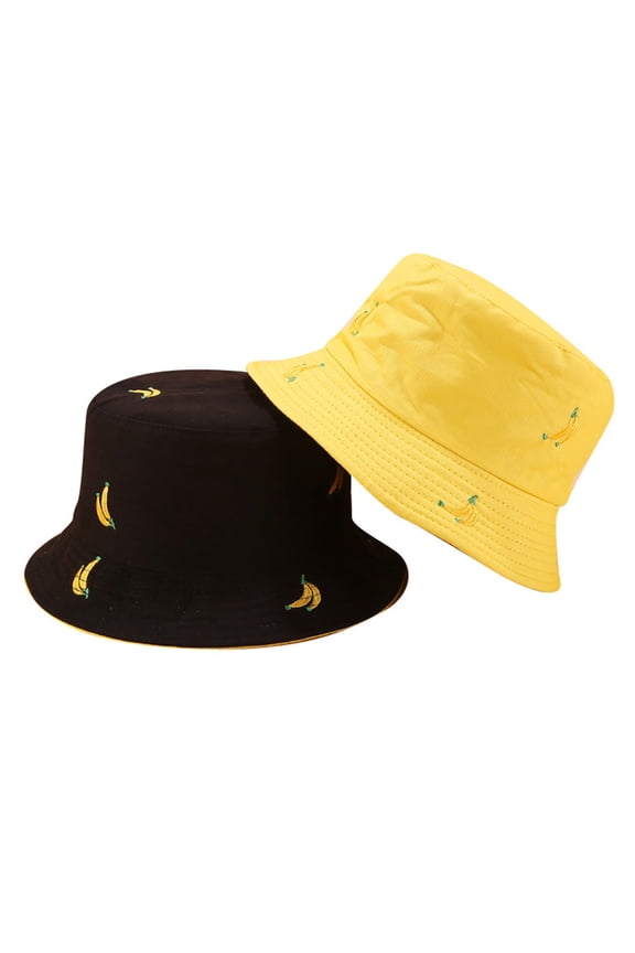 Women Men Summer Bucket Hat Banana Embroidery Double Sided Wear Contrast Color H