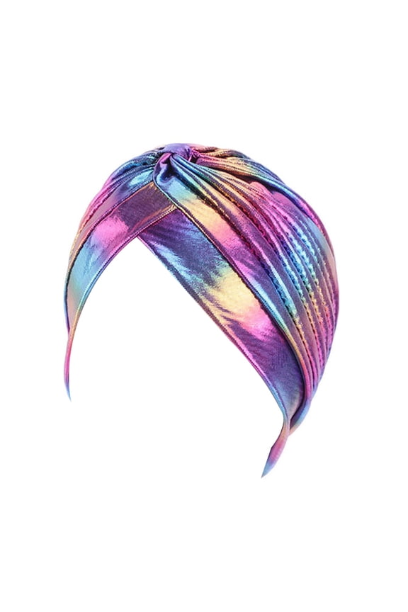 Women Rainbow Metallic Turban Hat Twisted Pleated Headwrap Glitter Hair Loss Cap