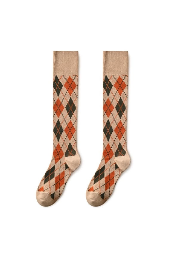 Women Ribbed Knee High Socks Japanese Preppy Style Vintage Colorful Argyle Diamond Plaid Pattern High Tube Stockings